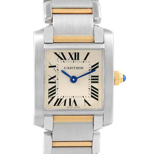 The Cartier Tank Francaise W51007Q4 Women's Steel and Gold (two tone) Silver Dial W51007Q4 Women's Steel and Gold (two tone) Silver Dial watch is shown from the front, displaying the face, blue hands, and part of the metal bracelet.