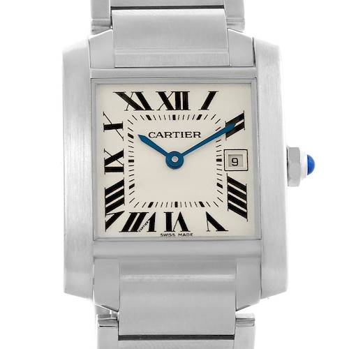 The image shows a front view of a Cartier Tank Francaise W51011Q3 Women's Stainless Steel Silver Dial W51011Q3 Women's Stainless Steel Silver Dial watch, highlighting the rectangular face, Roman numerals, and stainless steel bracelet.