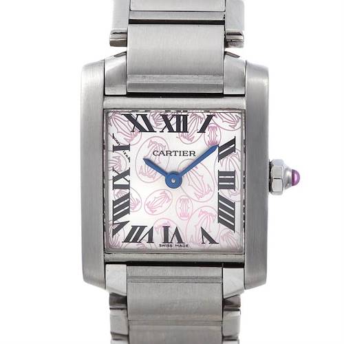 This image shows a frontal view of the Cartier Tank Française watch, highlighting the face, bezel, bracelet, and crown.
