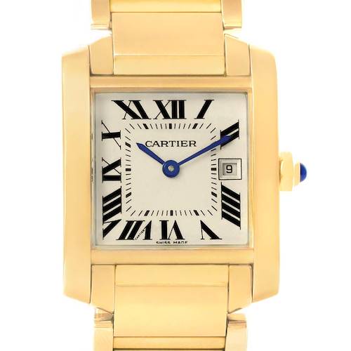The image shows a frontal view of the Cartier Tank Francaise W50014N2 Women's Yellow Gold Silver Dial W50014N2 Women's Yellow Gold Silver Dial watch, featuring the face, bezel, crown, and part of the bracelet.