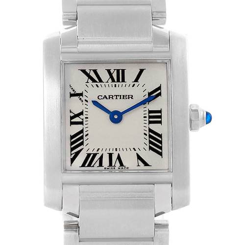 This image shows a front view of the dial and bracelet of the Cartier Tank Francaise W51008Q3 Women's Stainless Steel Silver Dial W51008Q3 Women's Stainless Steel Silver Dial watch.