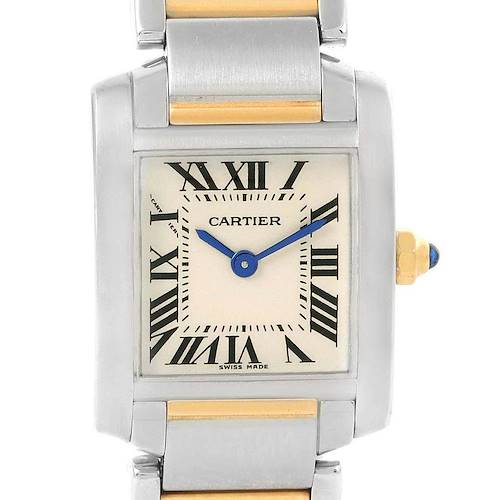 The image shows a frontal view of the Cartier Tank Francaise W51007Q4 Women's Steel and Gold (two tone) Silver Dial W51007Q4 Women's Steel and Gold (two tone) Silver Dial watch, displaying its rectangular dial, Roman numerals, and two-tone bracelet.