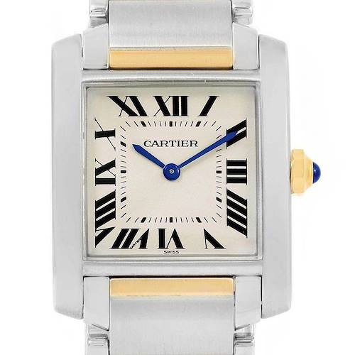 This image shows a front-facing view of the Cartier Tank Francaise W2TA0003 Women's Steel and Gold (two tone) Silver Dial W2TA0003 Women's Steel and Gold (two tone) Silver Dial watch, highlighting its face, bracelet, and crown.