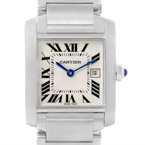 The image shows a front view of the Cartier Tank Francaise W51011Q3 Women's Stainless Steel Silver Dial W51011Q3 Women's Stainless Steel Silver Dial watch, highlighting its face, hands, and date window.