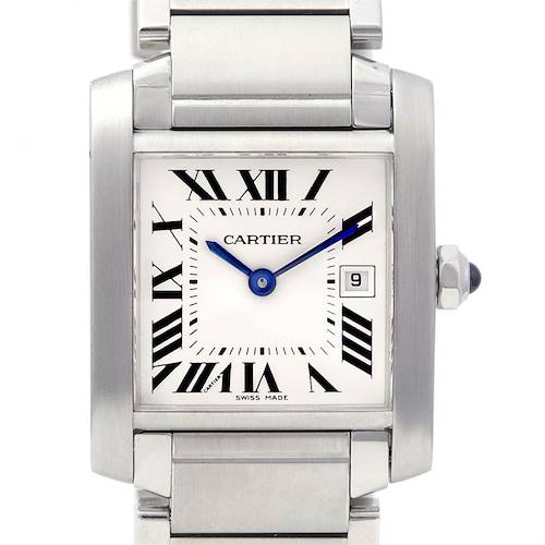 The image shows a frontal view of the Cartier Tank Francaise W51011Q3 Women's Stainless Steel Silver Dial W51011Q3 Women's Stainless Steel Silver Dial watch, highlighting the face, roman numeral dial, and metal bracelet.