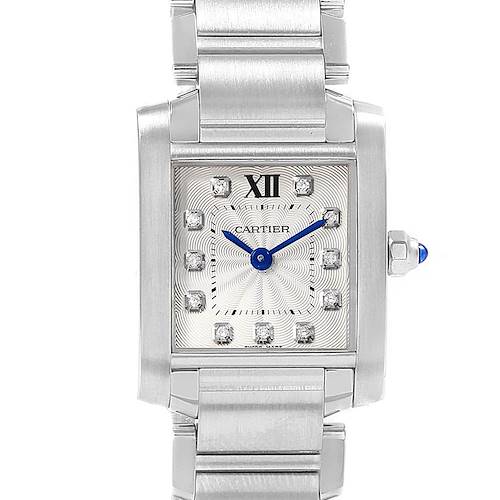 The image shows a front view of the Cartier Tank Française watch, displaying its face, bracelet, and crown.