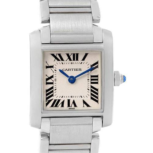 The image shows a close-up, front view of a Cartier Tank Francaise W51008Q3 Women's Stainless Steel Silver Dial W51008Q3 Women's Stainless Steel Silver Dial watch, highlighting the dial, hands, and part of the bracelet.