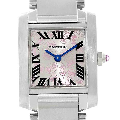 The Cartier Tank Française watch is shown from a straight-on angle, displaying its face, dial, and part of the bracelet.