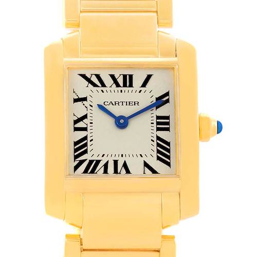 The image shows a Cartier Tank Francaise W50002N2 Women's Yellow Gold Silver Dial W50002N2 Women's Yellow Gold Silver Dial watch from the front, highlighting its gold casing, Roman numerals, and blue hands.