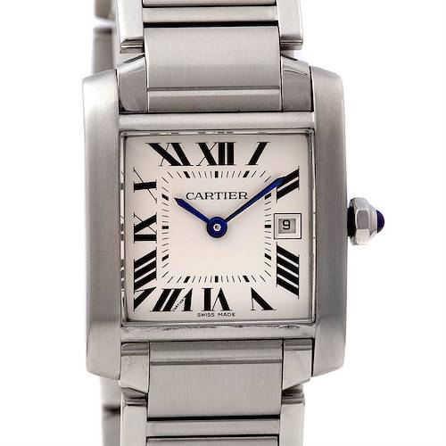 The image shows a Cartier Tank Francaise W51011Q3 Women's Stainless Steel Silver Dial W51011Q3 Women's Stainless Steel Silver Dial watch from a frontal angle, highlighting the face, bezel, and part of the bracelet.