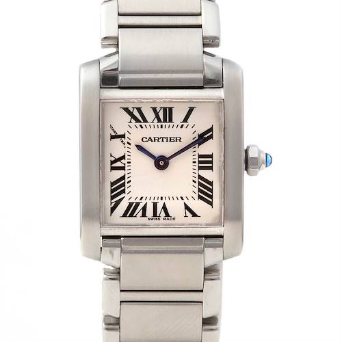 The image shows a front view of the Cartier Tank Francaise W51008Q3 Women's Stainless Steel Silver Dial W51008Q3 Women's Stainless Steel Silver Dial watch, highlighting its rectangular case, Roman numeral dial, and metal bracelet.