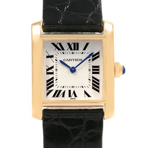 This image shows a front view of a Cartier Tank Francaise W50003N2 Women's Yellow Gold Silver Dial W50003N2 Women's Yellow Gold Silver Dial watch, including the face, blue hands, Roman numerals, and part of the black strap.