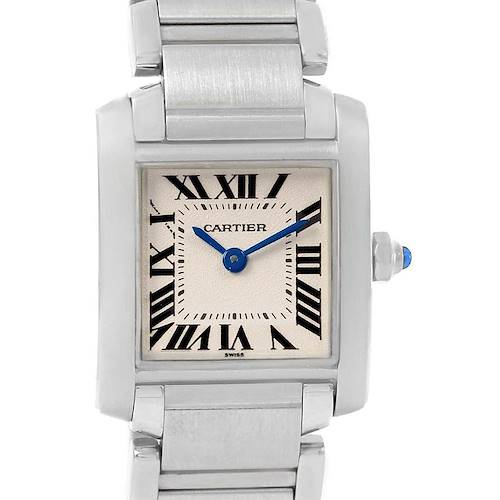 This image shows a front view of the face and part of the bracelet of a Cartier Tank Francaise W51008Q3 Women's Stainless Steel Silver Dial W51008Q3 Women's Stainless Steel Silver Dial watch.