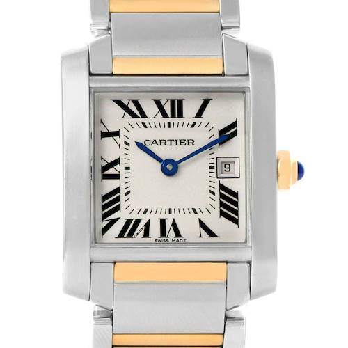 This is a front-view image of the Cartier Tank Française watch, showing the face, Roman numerals, and part of the two-tone bracelet.