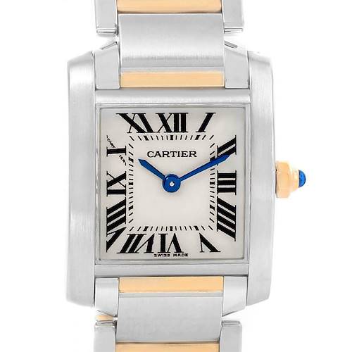 The image shows a close-up front view of the Cartier Tank Francaise W51007Q4 Women's Steel and Gold (two tone) Silver Dial W51007Q4 Women's Steel and Gold (two tone) Silver Dial watch, highlighting its face and part of the bracelet.