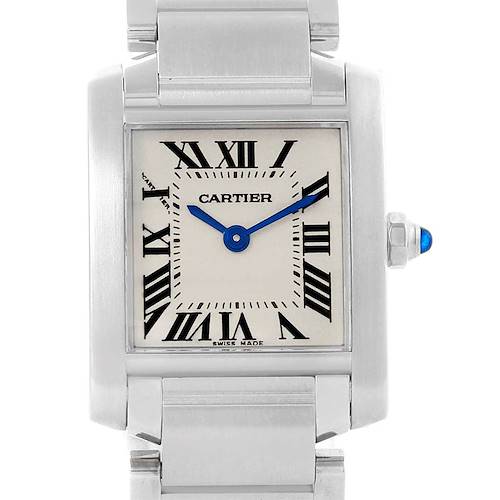 This Cartier Tank Francaise W51008Q3 Women's Stainless Steel Silver Dial W51008Q3 Women's Stainless Steel Silver Dial watch is shown from a front angle, displaying its face, Roman numerals, and metal bracelet.