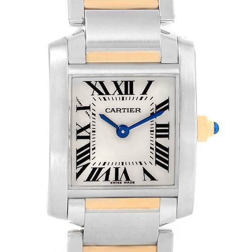 This image shows a front view of a Cartier Tank Francaise W51007Q4 Women's Steel and Gold (two tone) Silver Dial W51007Q4 Women's Steel and Gold (two tone) Silver Dial watch, highlighting its dial, hands, Roman numerals, and bracelet.