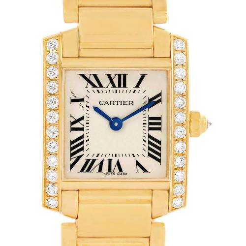 This image shows a front view of the Cartier Tank Francaise WE1001R8 Women's Yellow Gold Silver Dial WE1001R8 Women's Yellow Gold Silver Dial watch, highlighting its gold case and diamond-encrusted bezel.