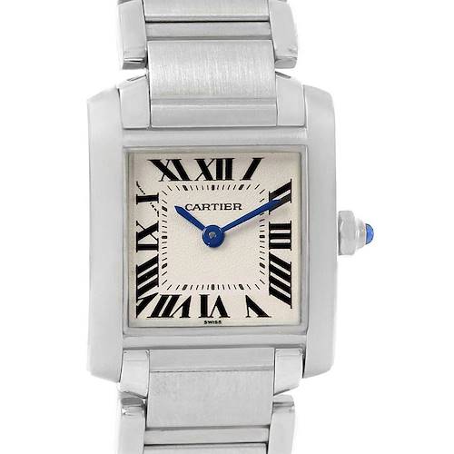 This image shows a frontal view of a Cartier Tank Française watch, highlighting the face, bracelet, and crown.