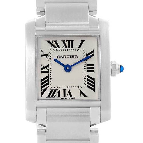This image shows a frontal view of a Cartier Tank Francaise W51008Q3 Women's Stainless Steel Silver Dial W51008Q3 Women's Stainless Steel Silver Dial watch, highlighting its face, hands, and part of the bracelet.