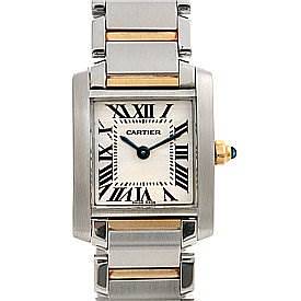 The image shows a front view of the Tank Francaise watch by Cartier, highlighting its rectangular dial, Roman numerals, and metal strap.