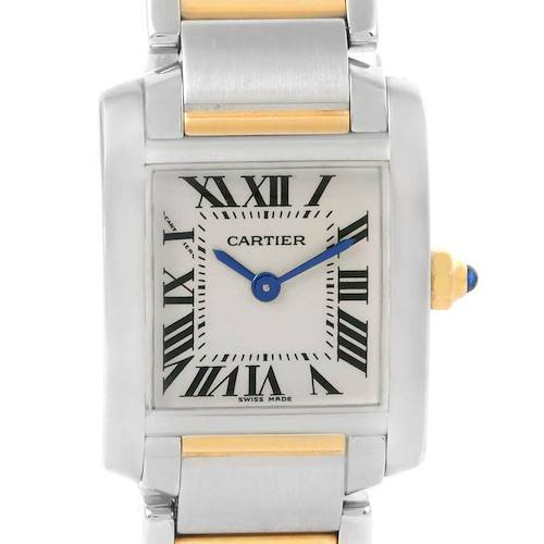 The image shows a close-up, front-facing view of a Cartier Tank Francaise W51007Q4 Women's Steel and Gold (two tone) Silver Dial W51007Q4 Women's Steel and Gold (two tone) Silver Dial watch, highlighting its face and part of the metal bracelet.