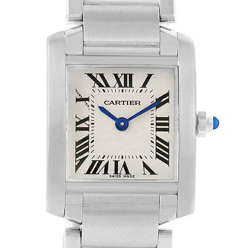 This image shows a frontal view of a Cartier Tank Française watch with its face, hands, and case visible.