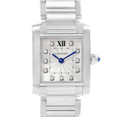 The image shows a front view of the Cartier Tank Francaise WE110006 Women's Stainless Steel Silver Dial WE110006 Women's Stainless Steel Silver Dial watch, highlighting its face, case, bracelet, and blue hands.