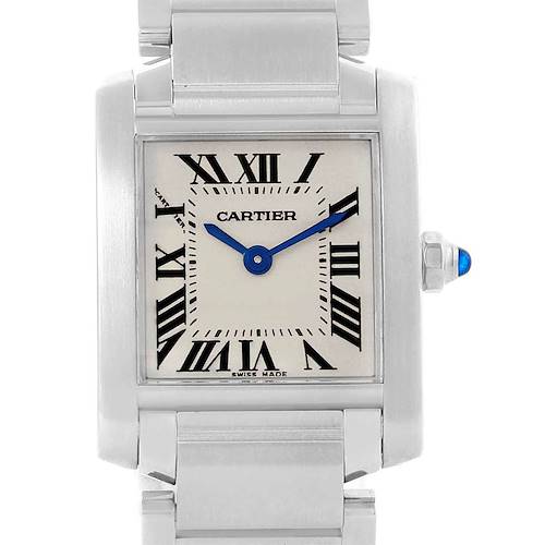 The image shows a front view of the Cartier Tank Française watch, highlighting its dial, Roman numerals, blue steel hands, and metal bracelet.