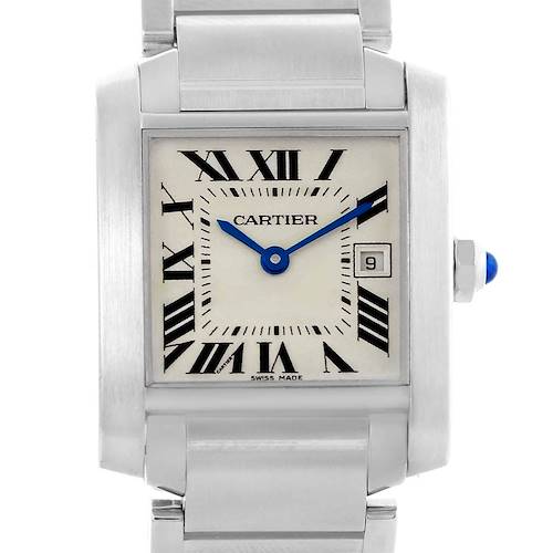 The image showcases the front of the Cartier Tank Française watch, focusing on the dial, hands, crown, and part of the bracelet.