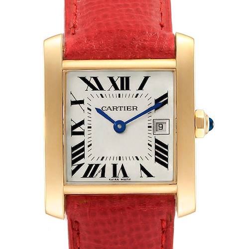 The image shows a frontal view of the Cartier Tank Francaise W50014N2 Women's Yellow Gold Silver Dial W50014N2 Women's Yellow Gold Silver Dial watch with a red strap, gold case, and Roman numerals.