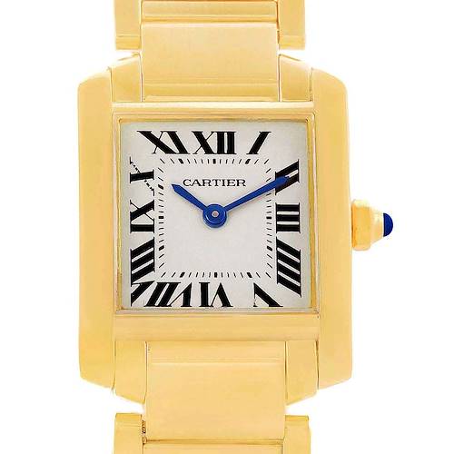 The image shows a front view of the Cartier Tank Française watch, highlighting its face, bracelet, and crown.