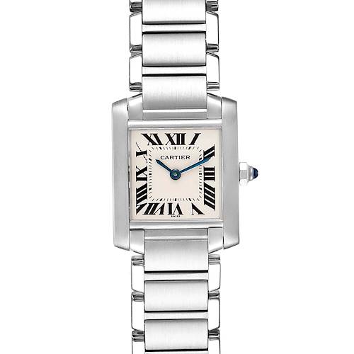 The image shows a frontal view of a Cartier Tank Française watch, highlighting its rectangular face, Roman numerals, and metal bracelet.