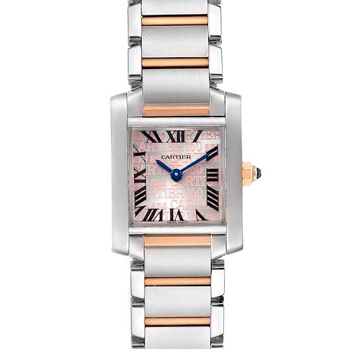 This image shows a frontal view of the Cartier Tank Française watch, highlighting its face, hands, and two-tone metal bracelet.
