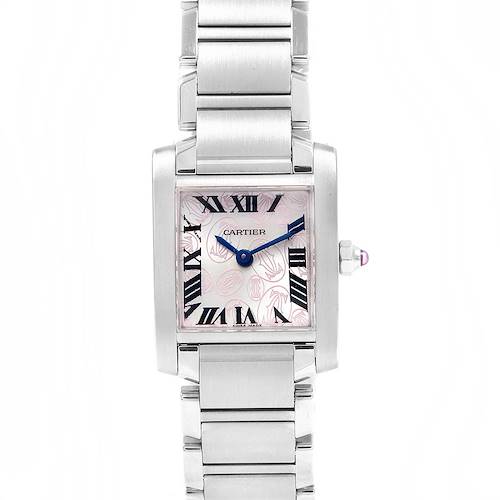 The image shows a front view of a Cartier Tank Française watch, highlighting its rectangular face, Roman numeral dial, and metal bracelet.