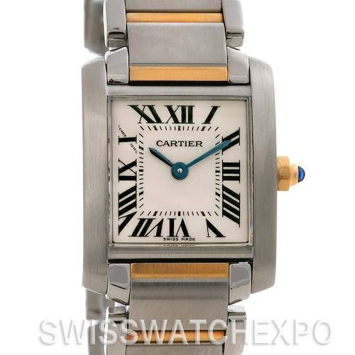 The image shows the face and bracelet of a Cartier Tank Française watch from a frontal angle.
