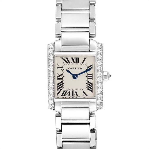 The image shows a front view of a Cartier Tank Francaise WE1002S3 Women's White Gold Silver Dial WE1002S3 Women's White Gold Silver Dial watch, highlighting its face, bracelet, and diamond-set sides.