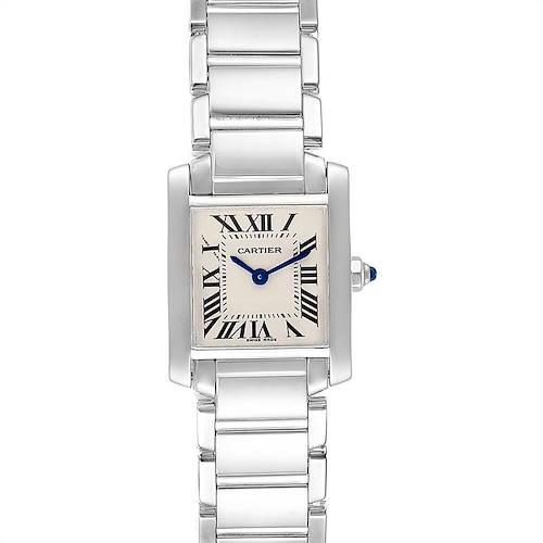This image shows a Cartier Tank Francaise W50012S3 Women's White Gold Silver Dial W50012S3 Women's White Gold Silver Dial watch from a top-down view, highlighting its face, bracelet, and crown.