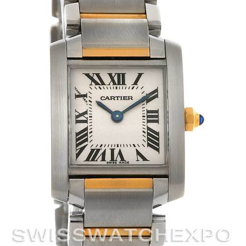 The image shows a Cartier Tank Française watch from a frontal angle, displaying the face, bezel, and part of the bracelet.