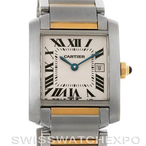 This image shows a frontal view of the Cartier Tank Francaise W51012Q4 Women's Steel and Gold (two tone) Silver Dial W51012Q4 Women's Steel and Gold (two tone) Silver Dial watch, highlighting the face, hands, dial, and part of the bracelet.