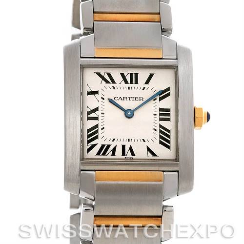 The image shows a frontal view of a Cartier Tank Francaise W51007Q4 Women's Steel and Gold (two tone) Silver Dial W51007Q4 Women's Steel and Gold (two tone) Silver Dial watch, highlighting its square face, Roman numerals, and metal bracelet.