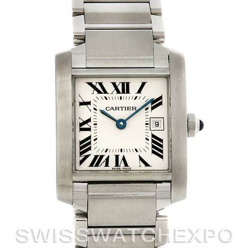 The image shows a front view of the Cartier Tank Francaise W51011Q3 Women's Stainless Steel Silver Dial W51011Q3 Women's Stainless Steel Silver Dial, including its dial, bracelet, and crown with cabochon.