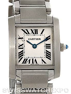 The image shows a straight-on view of the Cartier Tank Francaise W51008Q3 Women's Stainless Steel Silver Dial W51008Q3 Women's Stainless Steel Silver Dial watch, highlighting its dial, bracelet, and crown.
