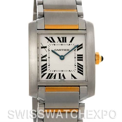 This image shows the front view of the Tank Francaise model by Cartier, highlighting the face, dial, and bracelet.