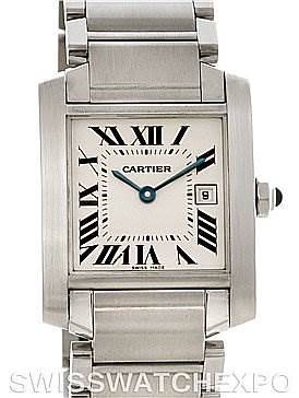 This image shows a frontal view of a Cartier Tank Française watch, highlighting the face, bracelet, and crown.