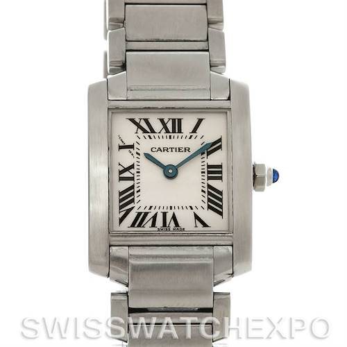 The image shows a front view of a Cartier Tank Francaise W51008Q3 Women's Stainless Steel Silver Dial W51008Q3 Women's Stainless Steel Silver Dial watch, highlighting its face, Roman numerals, and metal bracelet.