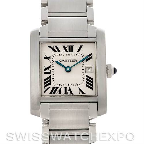 The image shows a frontal view of the Cartier Tank Française watch, highlighting its face, Roman numerals, hands, and part of the bracelet.