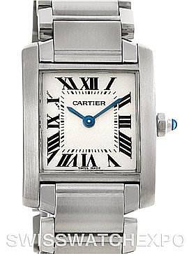 This is a front view of the Cartier Tank Française watch showing its dial, Roman numeral markers, blue hands, and metal bracelet.
