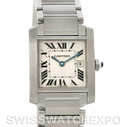 The Cartier Tank Française watch is shown from the front, highlighting the dial, Roman numerals, case, crown, and part of the bracelet.