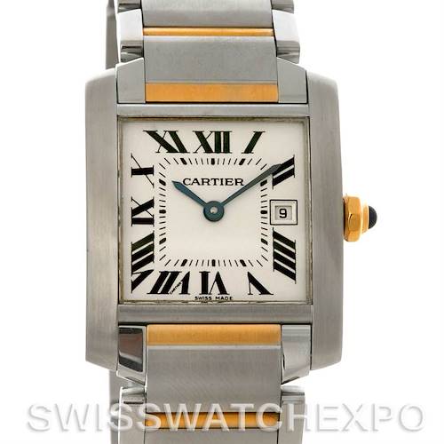 This image shows the Cartier Tank Française watch from a front angle, highlighting the dial, bezel, and part of the bracelet.